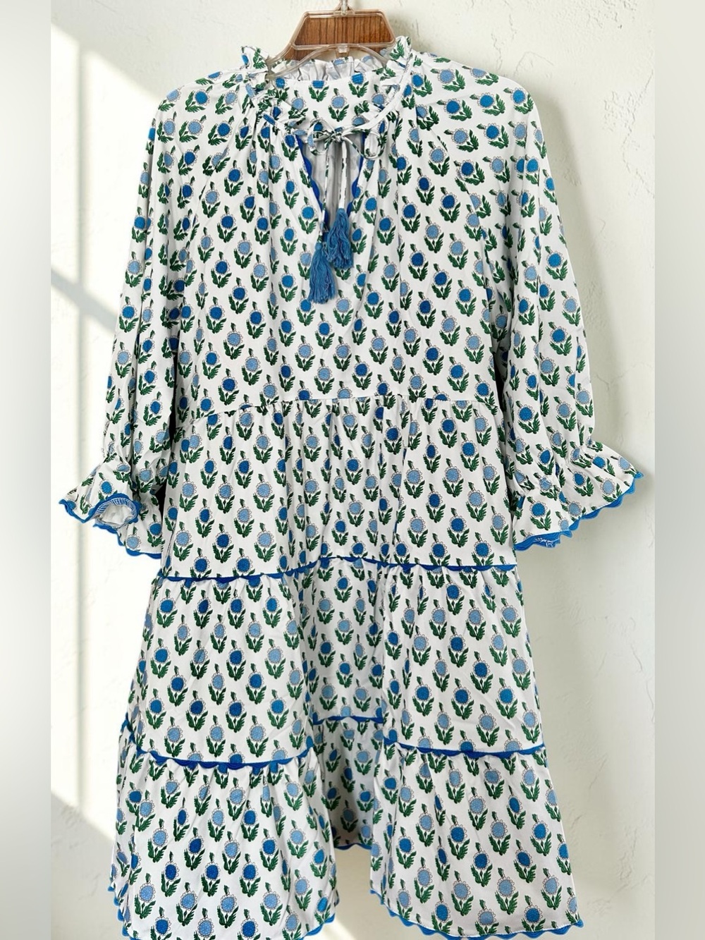 NWT Floral Blue & White Tiered  Rick Rack Trim Dress with Tassel Ties Size 8